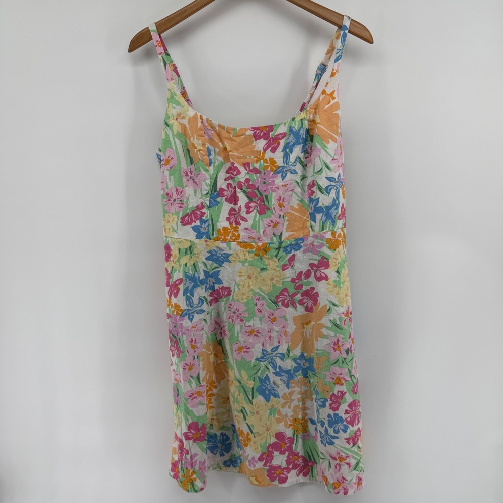 Old Navy Womens Floral Linen Blend Mini Dress Smocked Back Pockets Multi Color L